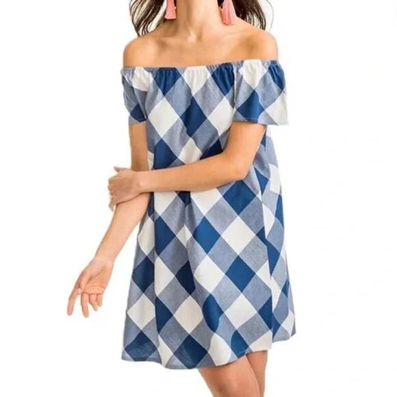 Southern Tide Dresses & Skirts - Southern Tide Isabel Checkered Off Shoulder Mini Dress Grace Blue/White Womens S